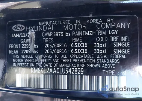 2020 Hyundai Kona Se from USA, damaged, VIN KM8K12AA0LU542829